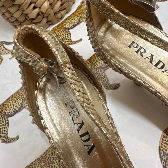 Authentic Prada pre-loved gold strappy lizard  heels/wedges - size 37 1/2 - Picture 2 of 8
